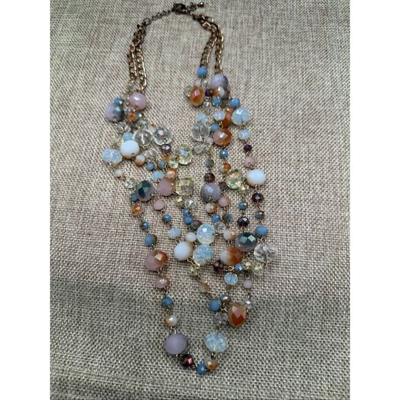 Multi-Strand Faceted Bead Statement Necklace Soft Neutrals & Pastel Glass Beads - Picture 3 of 7